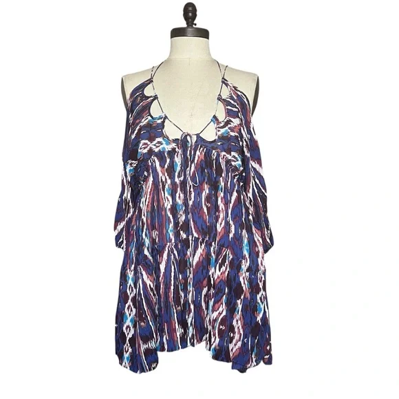 Free People One Monarch Multi Mini Dress SZ S Boho Hipster Vacay Flowy Flouncy - Picture 2 of 13